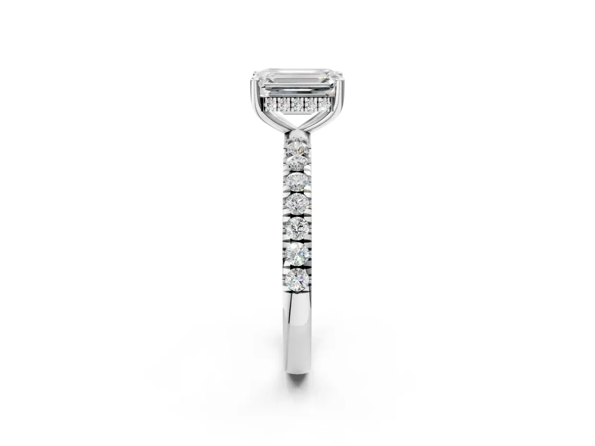 Emerald Cut Diamond Pave Band Solitaire Ring with Round Moissanite and Prong Setting Platinum