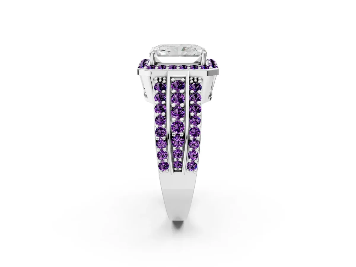 Radiant Cut Halo Diamond Ring with Round Amethyst Split Shank and Prong Setting White gold