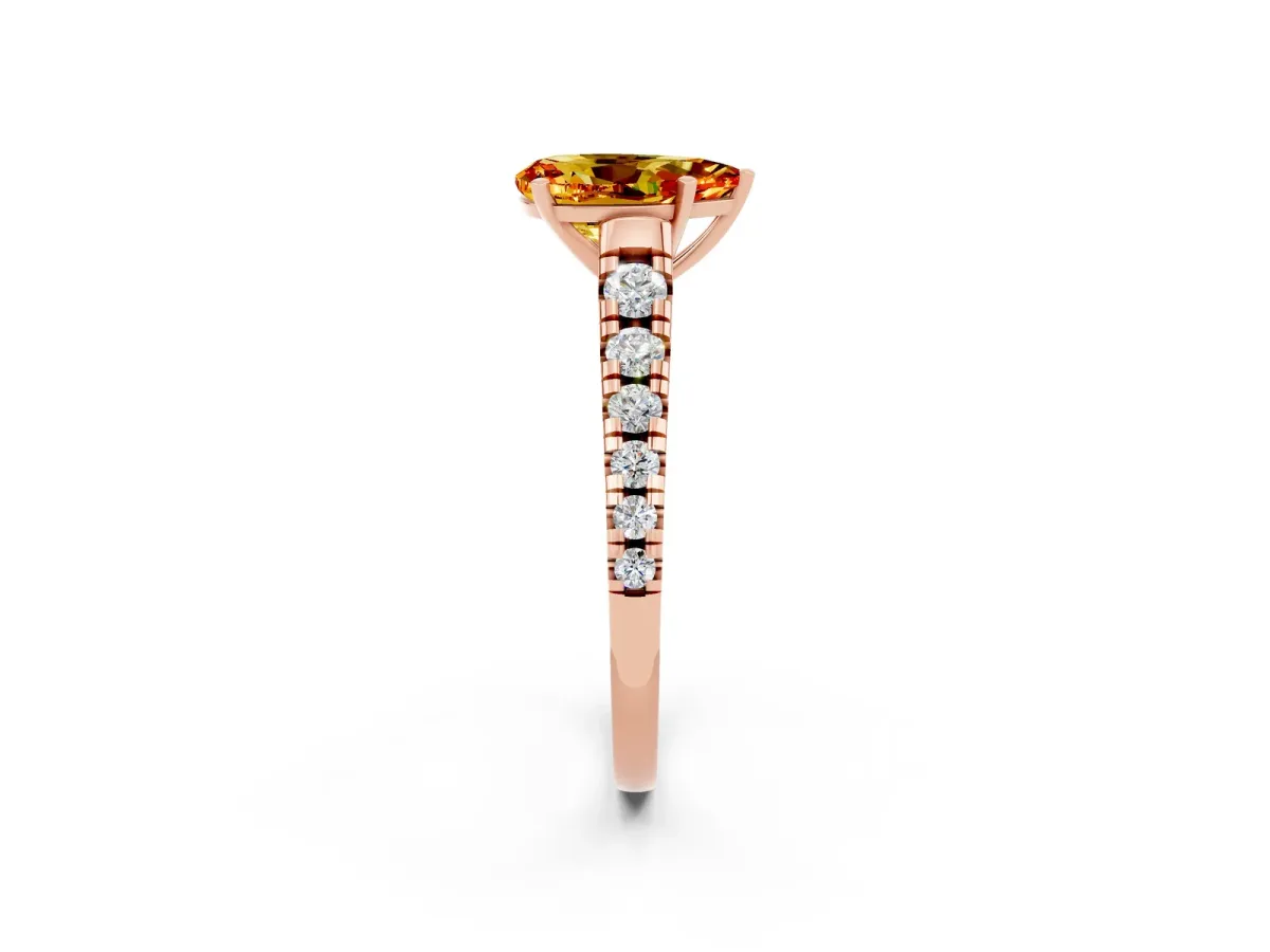 Pear Cut Citrine Cathedral Solitaire Ring with Round Pavé Band Rose gold