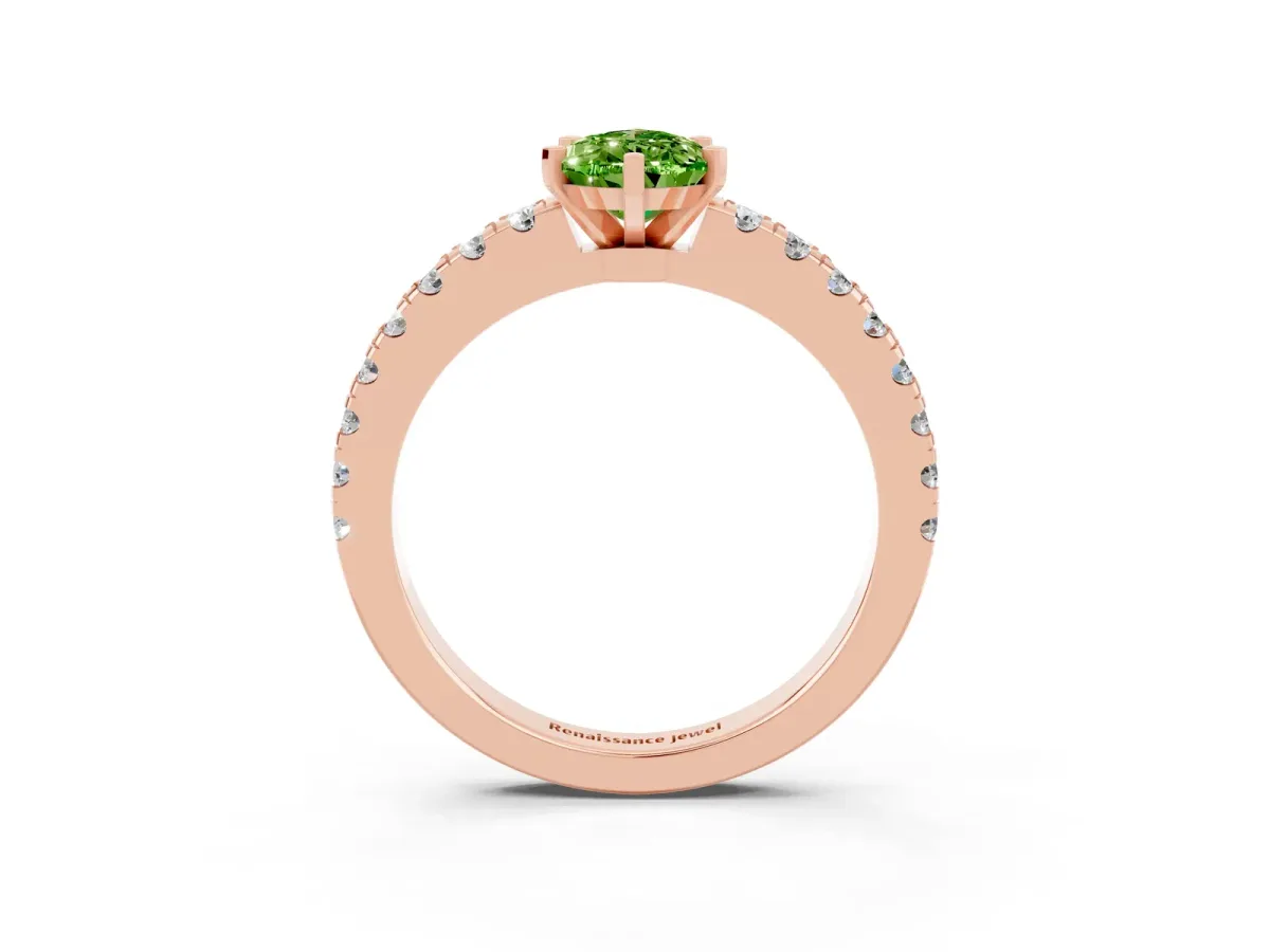 Pear Cut Solitaire Peridot with Pavé Band and Four-Prong Setting Rose gold