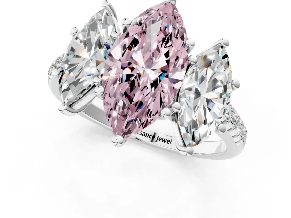 Fancy Pink Three-Stone Marquise Cut Diamond Ring with Round Pavé Band and Prong Setting Silver