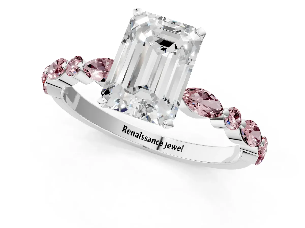 Emerald Cut Diamond Ring with Marquise and Round Morganite Side Stones and Four-Prong Setting Silver