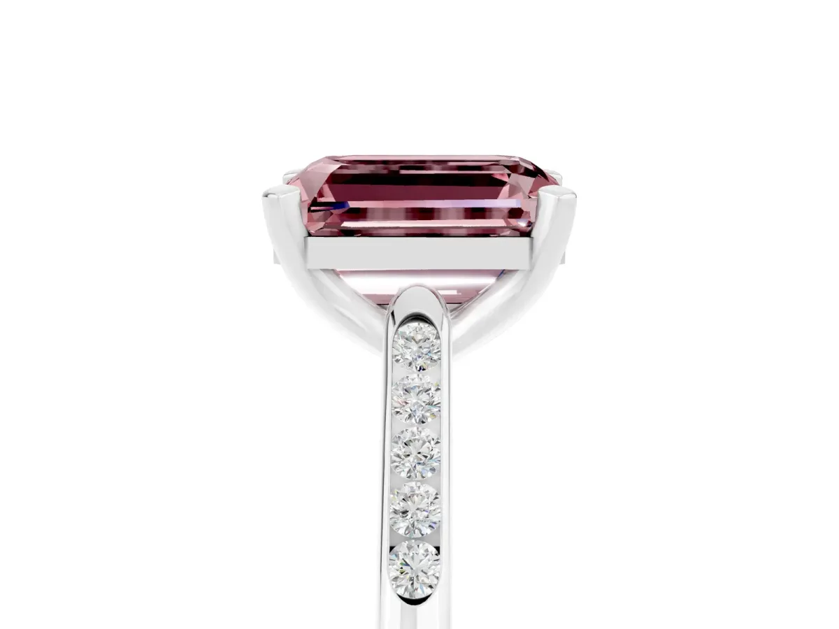 Emerald Cut Morganite Solitaire Ring with Channel Set Round Band and Prong Setting Silver
