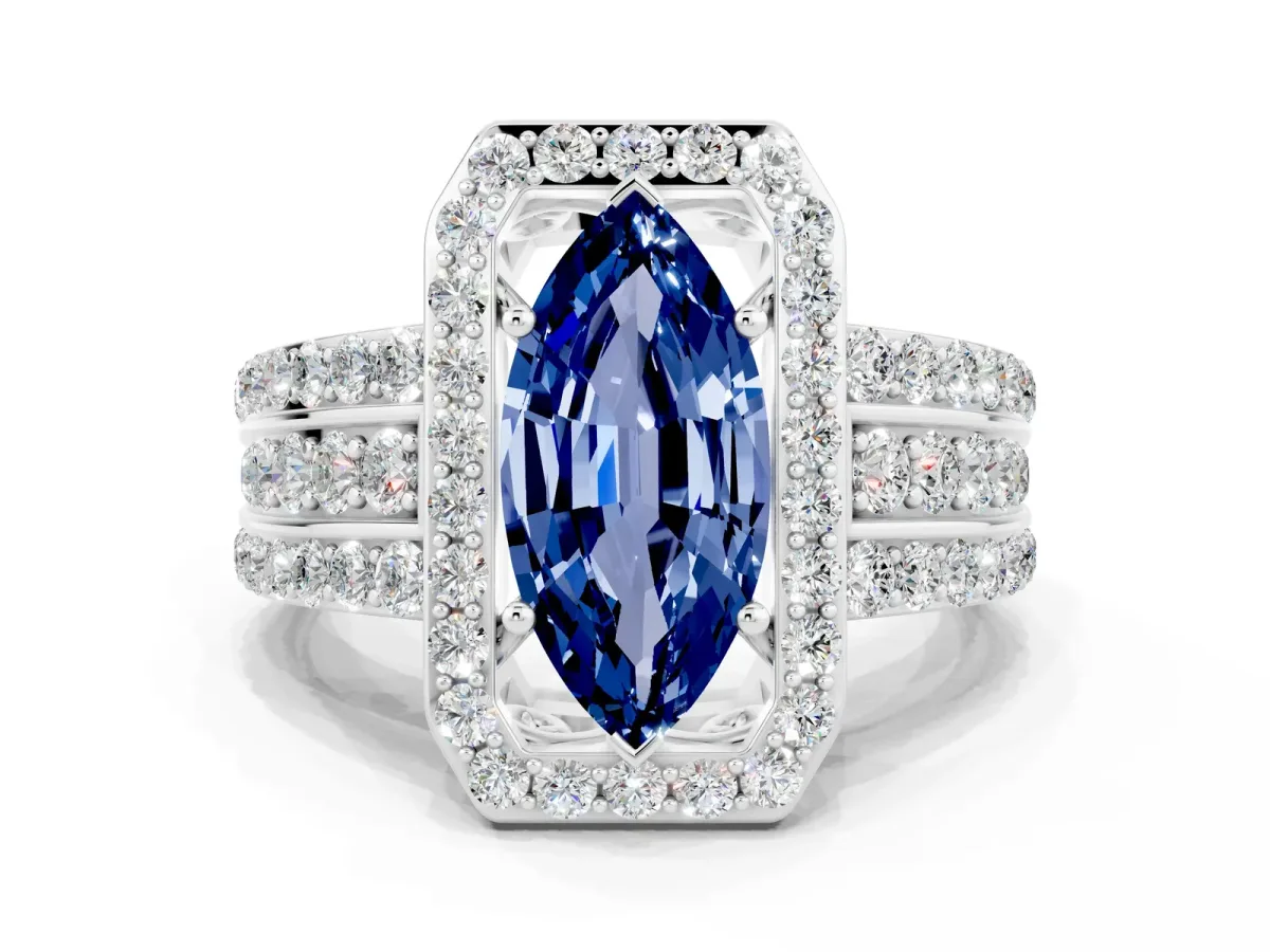 Marquise Cut Halo Blue Sapphire Ring with Round Split Shank and Prong Setting Silver