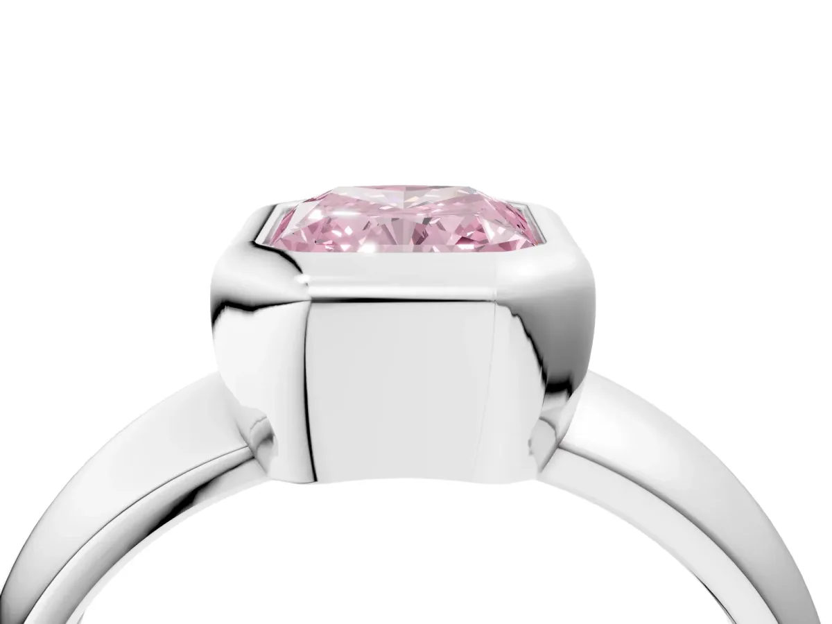 Fancy Pink Bezel Set Radiant Cut Solitaire Ring with Wide Band Platinum