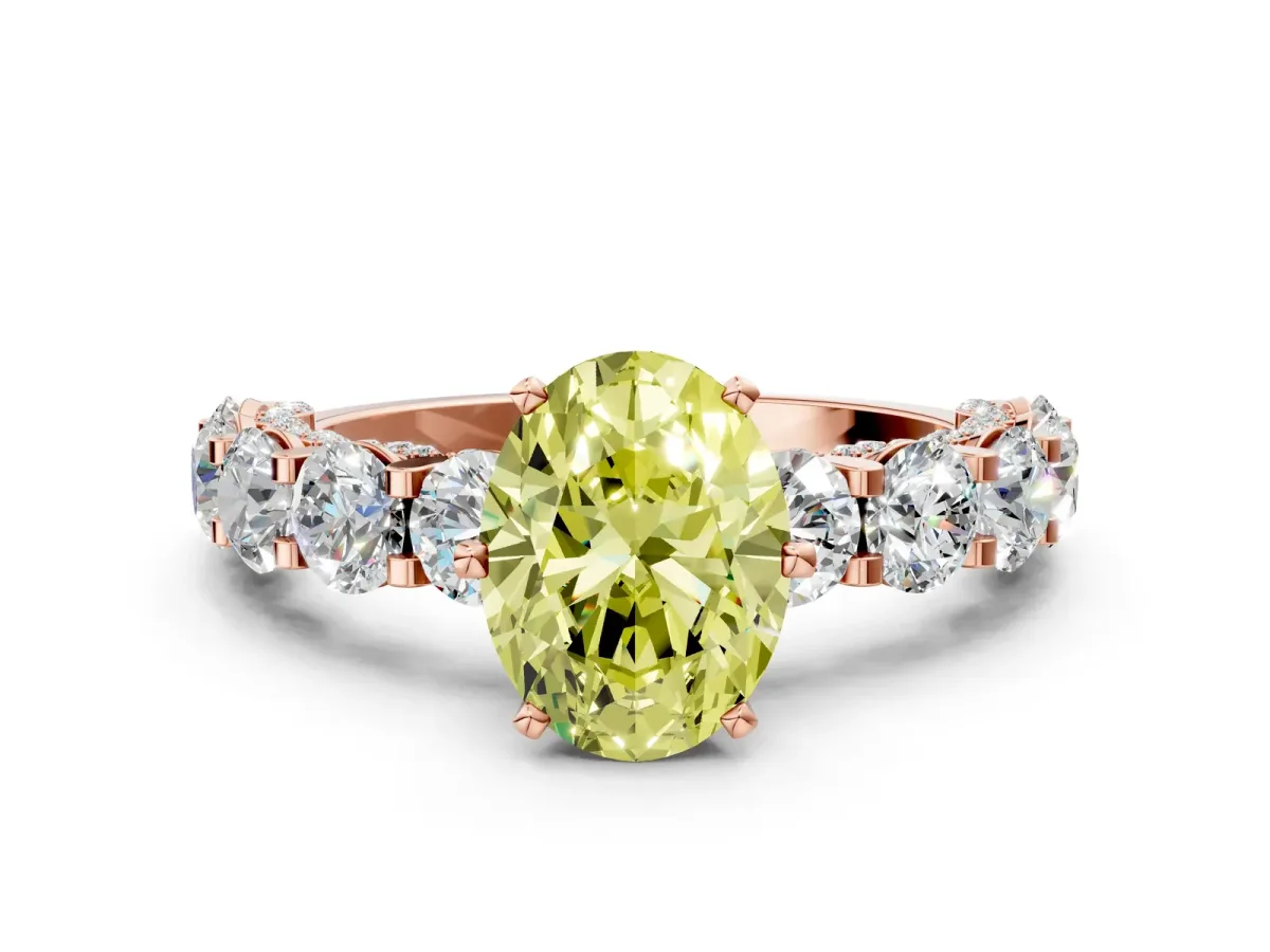 Fancy Yellow Oval Cut Diamond Side Stone Engagement Ring with Four-Prong Setting Rose gold