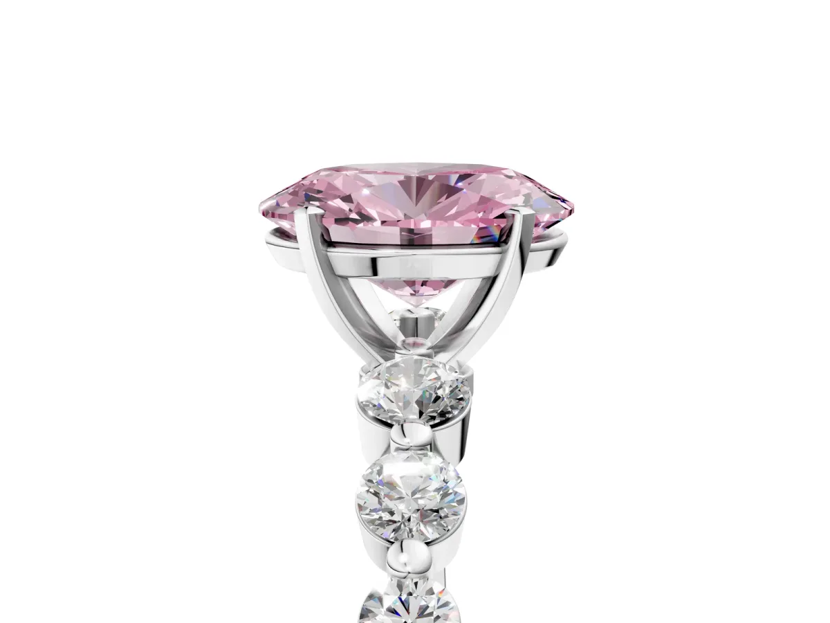 Fancy Pink Oval Cut Solitaire Diamond Ring with Pave Band and Four-Prong Setting Silver