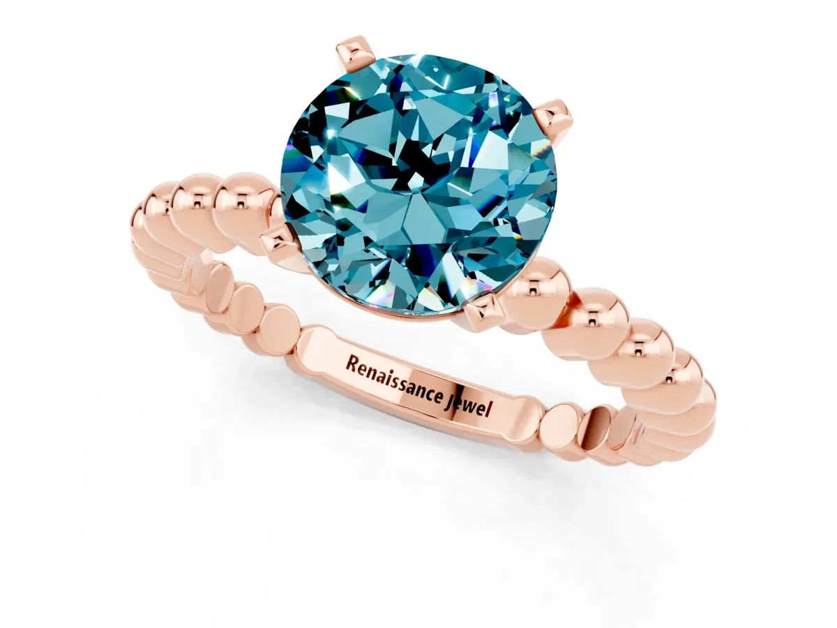 Round Cut Blue Topaz Solitaire Ring with Beaded Band and Prong Setting Rose gold
