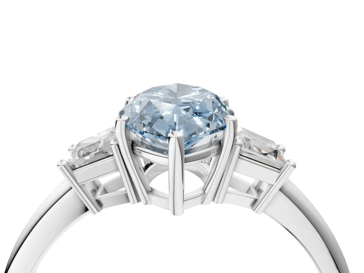 Fancy Blue Marquise Cut Diamond Three-Stone Ring with Trapezoid Side Stones and Prong Setting Silver