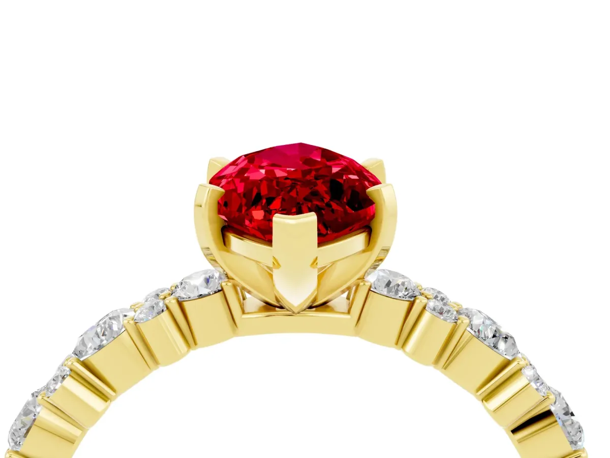 Marquise Cut Ruby Side Stone Solitaire Ring with Round and Four-Prong Setting Yellow gold