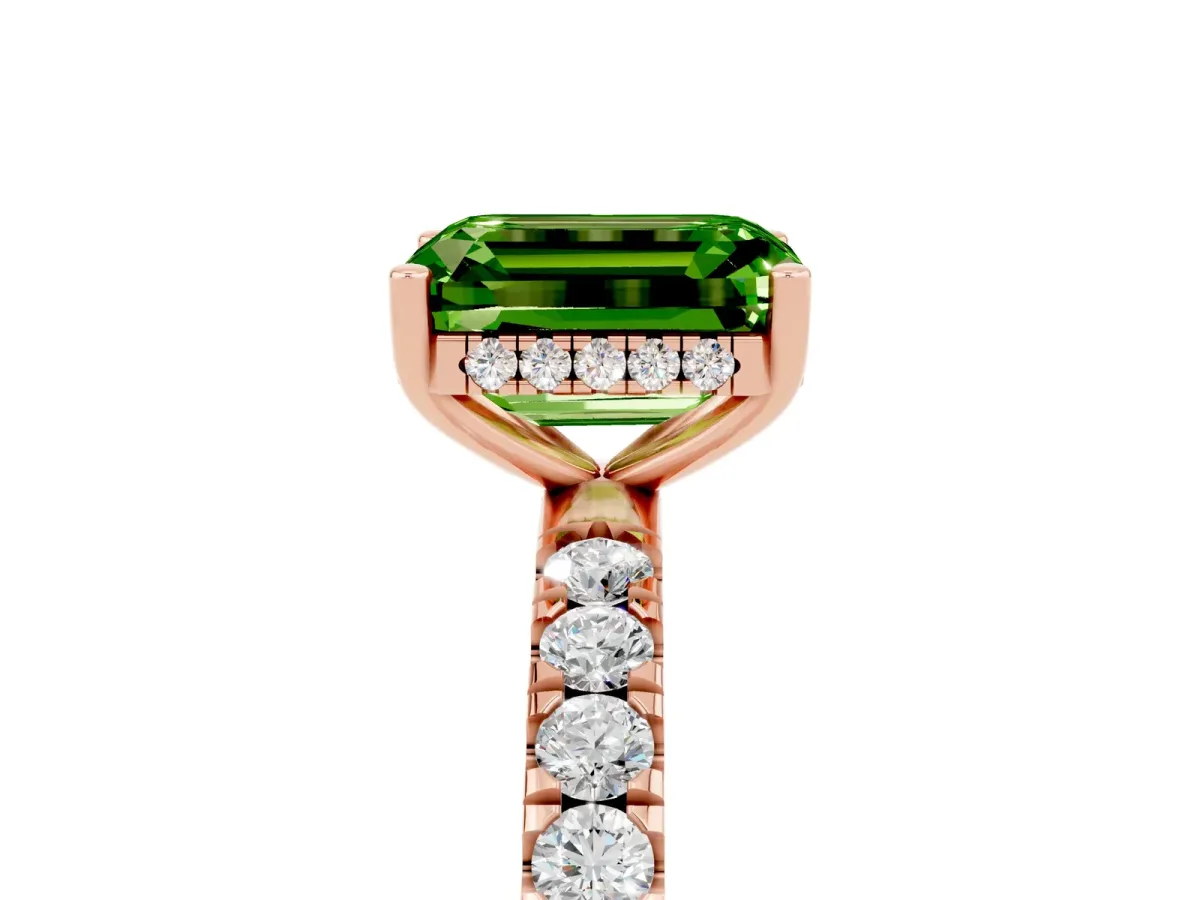 Emerald Cut Peridot Pave Band Solitaire Ring with Round and Prong Setting Rose gold