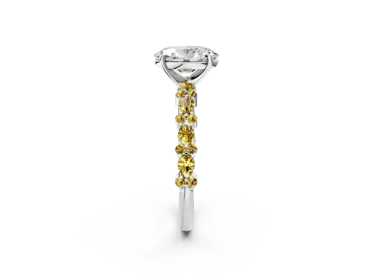 Oval Cut Diamond Side Stone Solitaire Ring with Round Yellow Sapphire and Four-Prong Setting Silver