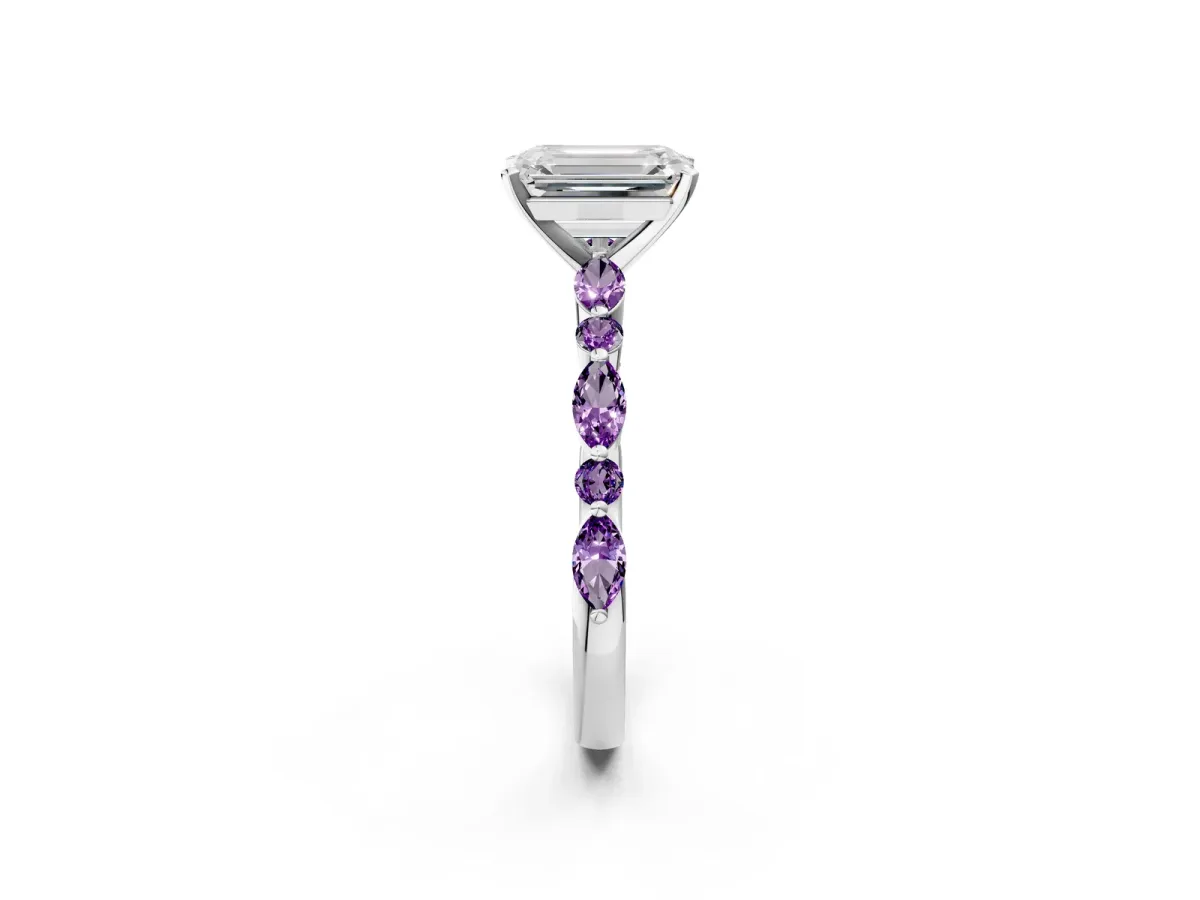 Emerald Cut Diamond Ring with Marquise and Round Amethyst Side Stones and Four-Prong Setting Silver