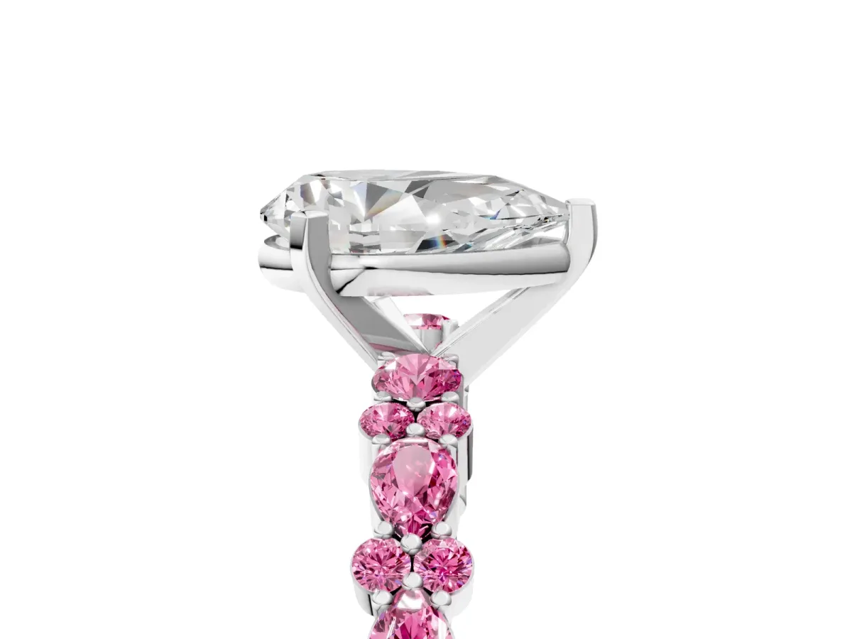 Pear Cut Diamond Side Stone Solitaire Ring with Round Pink Sapphire and Four-Prong Setting Platinum