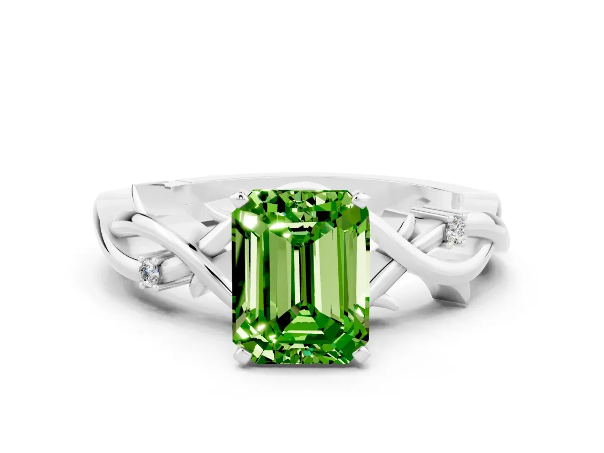 Emerald Cut Peridot Solitaire Ring with Twisted Band and Prong Setting Silver