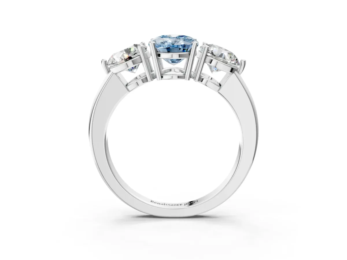 Fancy Blue Oval Cut Diamond Three-Stone Ring with Prong Setting and Classic Band White gold