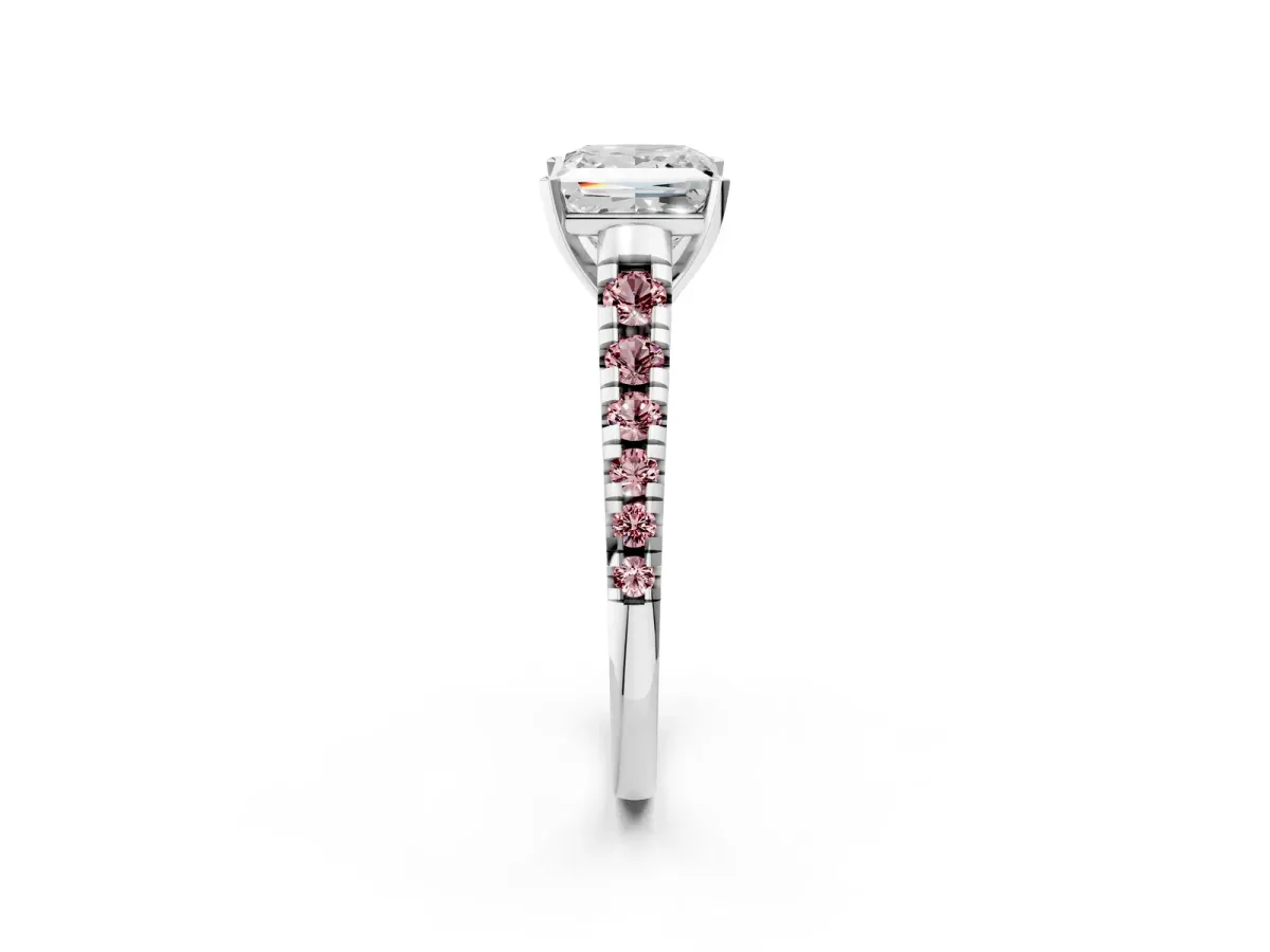 Princess Cut Diamond Cathedral Solitaire Ring with Round Morganite Pavé Band Silver