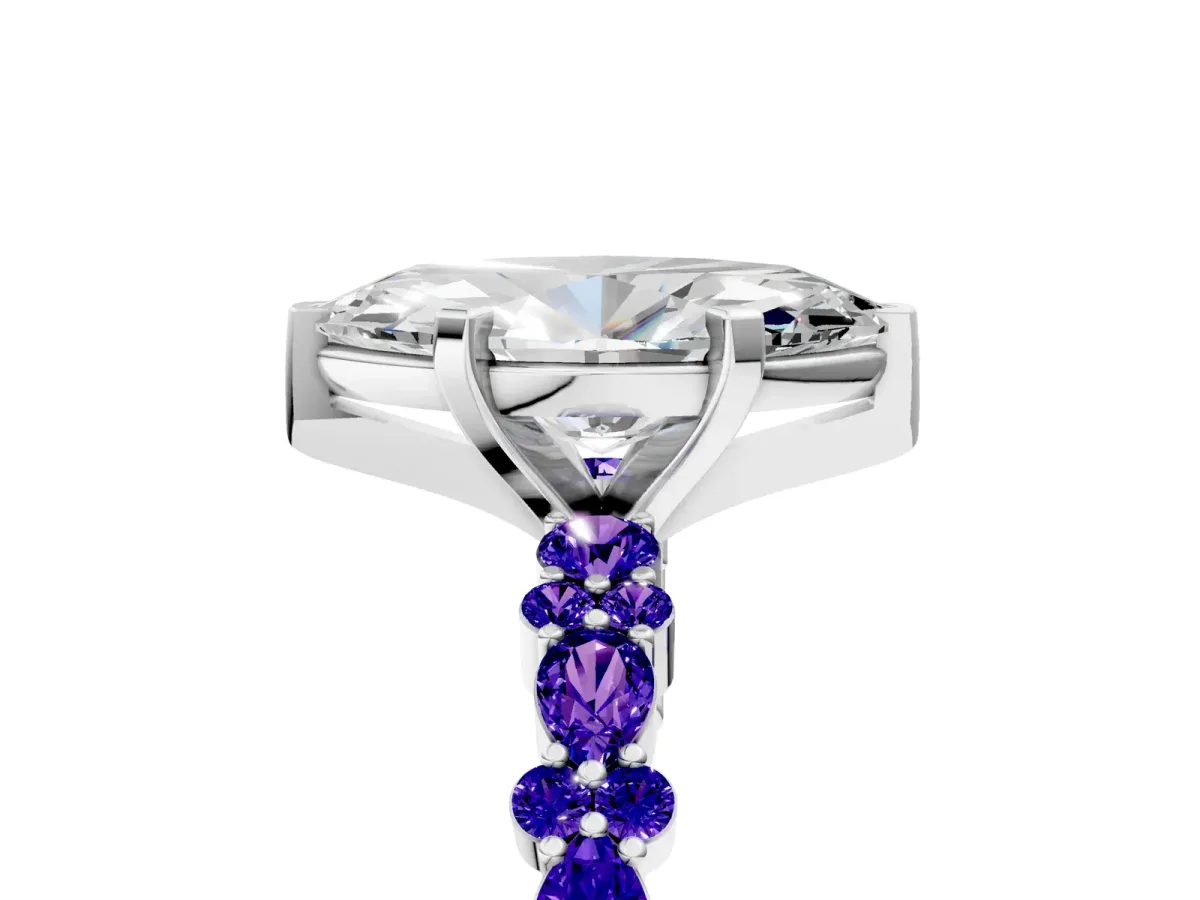 Marquise Cut Diamond Side Stone Solitaire Ring with Round Tanzanite and Four-Prong Setting Silver