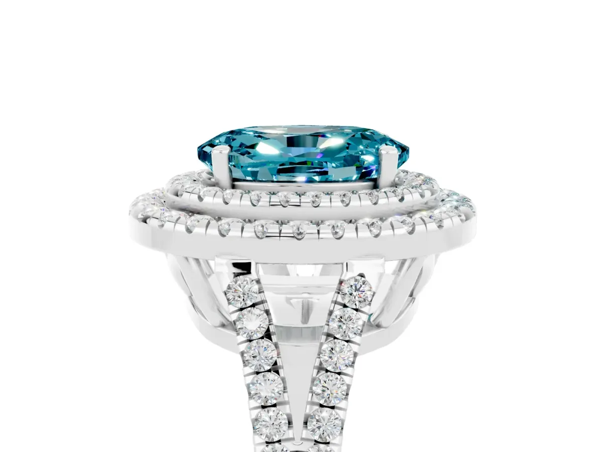 Oval Cut Blue Topaz Double Halo Ring with Pavé Band and Prong Setting Silver