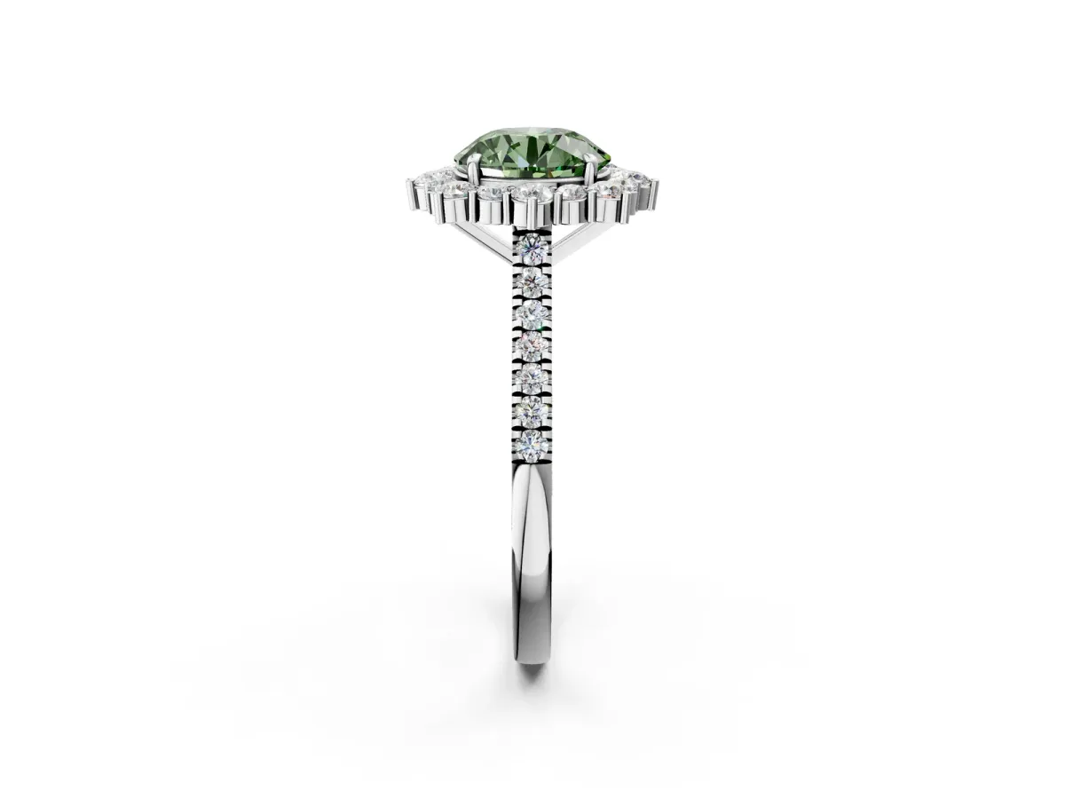 Fancy Green Round Cut Halo Diamond Ring with Pavé Band and Prong Setting Silver