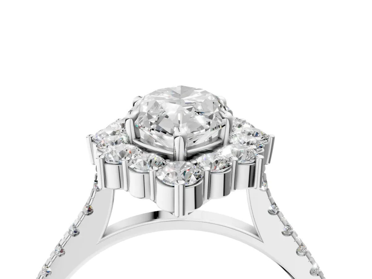 Marquise Cut Halo Diamond Ring with Pavé Band and Prong Setting Silver