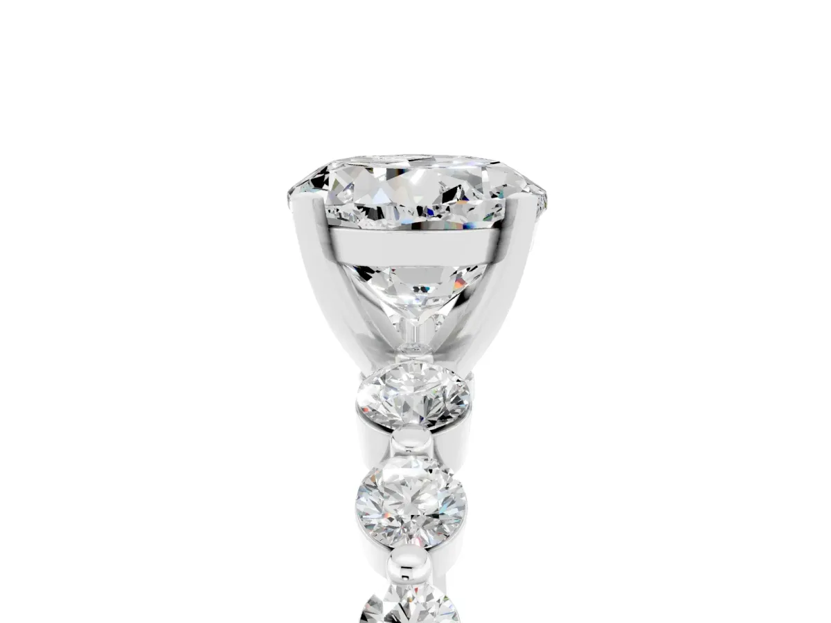 Round Cut Solitaire Moissanite Ring with Pave Band and Four-Prong Setting Silver