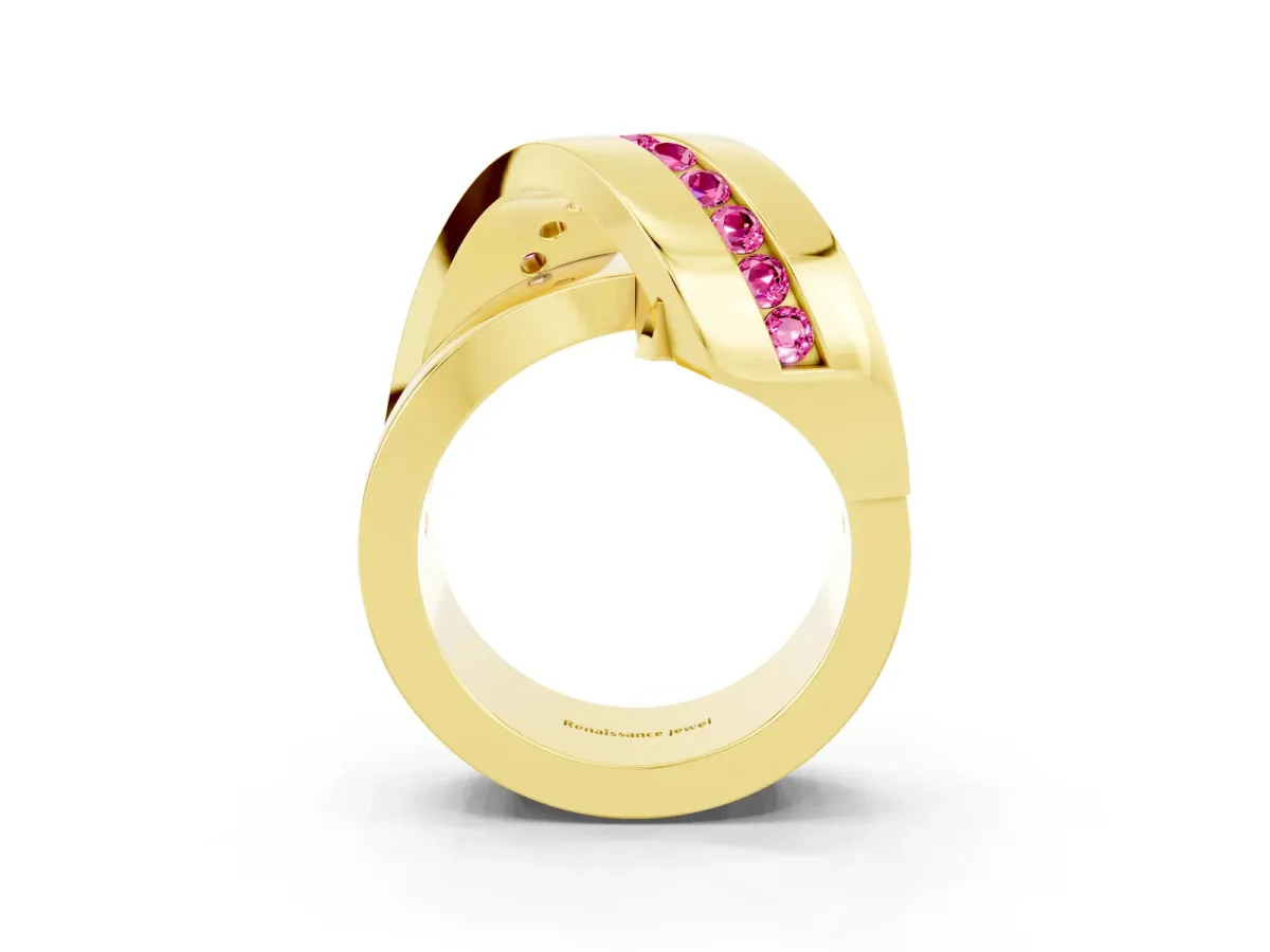 Pavé Round Pink Sapphire Crossover Band with Channel Setting Yellow gold