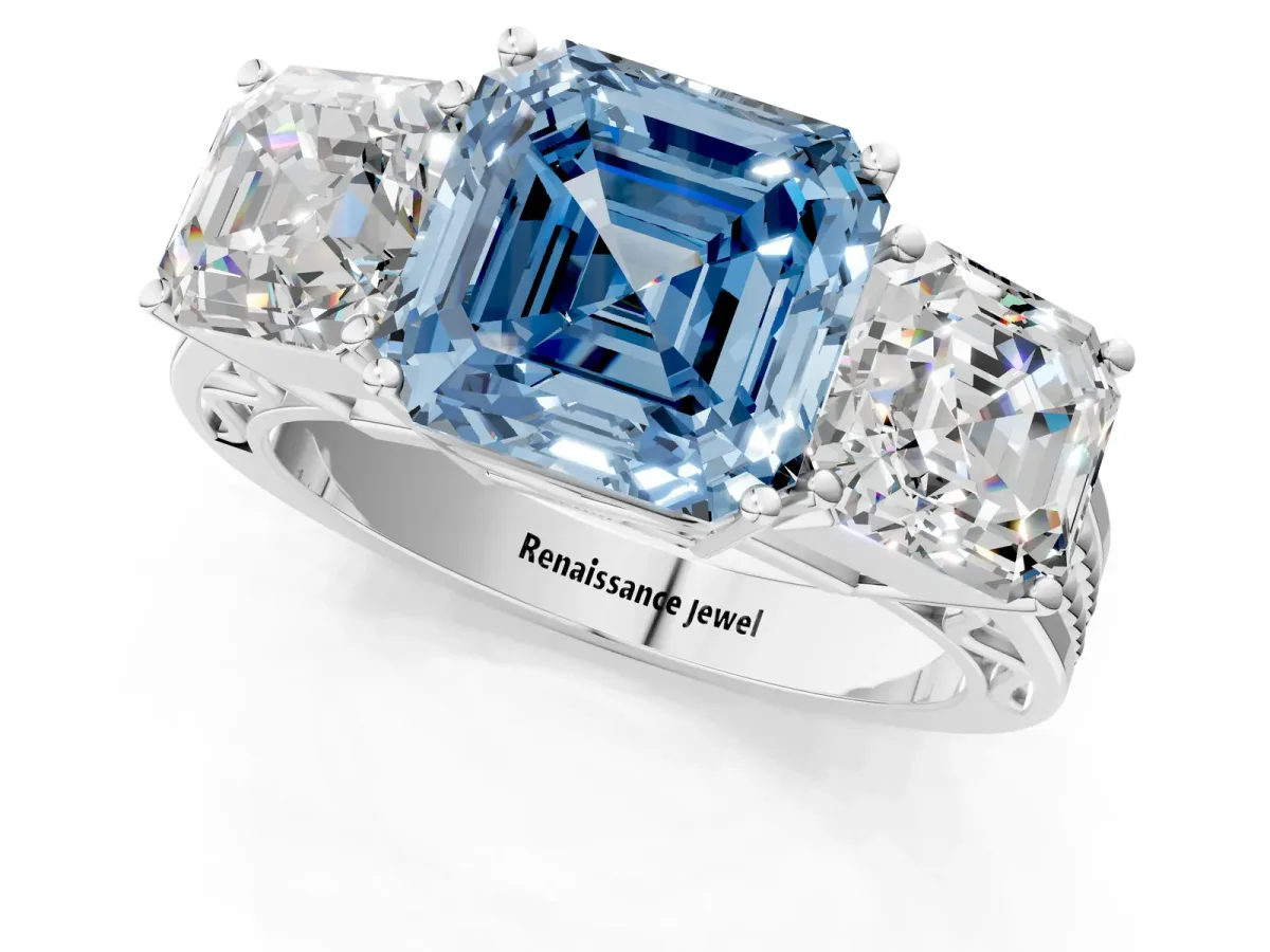 Fancy Blue Asscher Cut Diamond Three-Stone Ring with Prong Setting and Textured Band Platinum