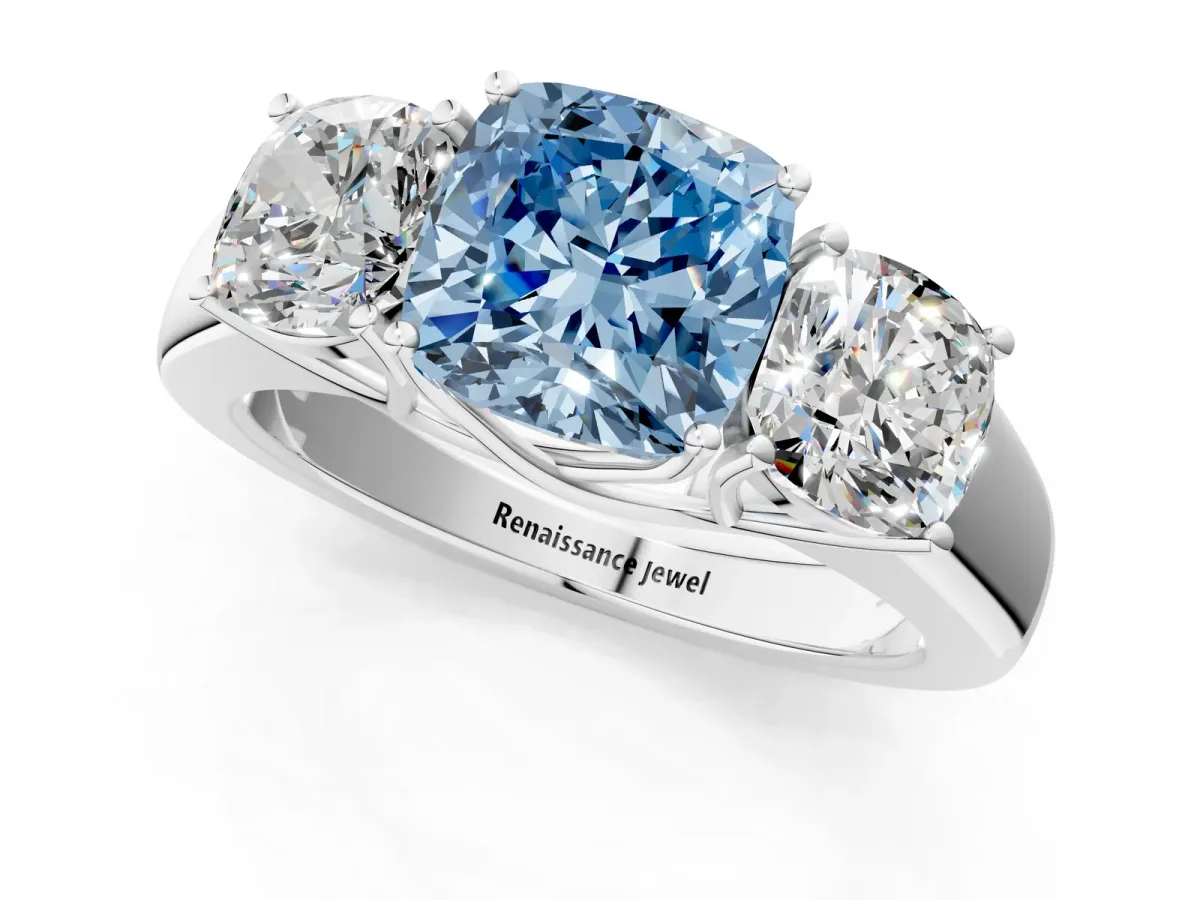 Fancy Blue Three-Stone Cushion Cut Cut Diamond Ring with Prong Setting and Classic Band White gold