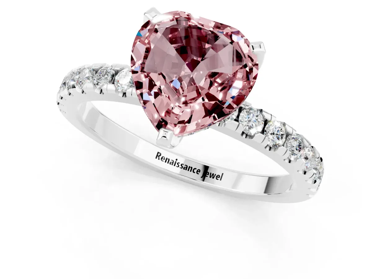 Heart Cut Morganite Solitaire Ring with Round Pavé Band and Four-Prong Setting Silver