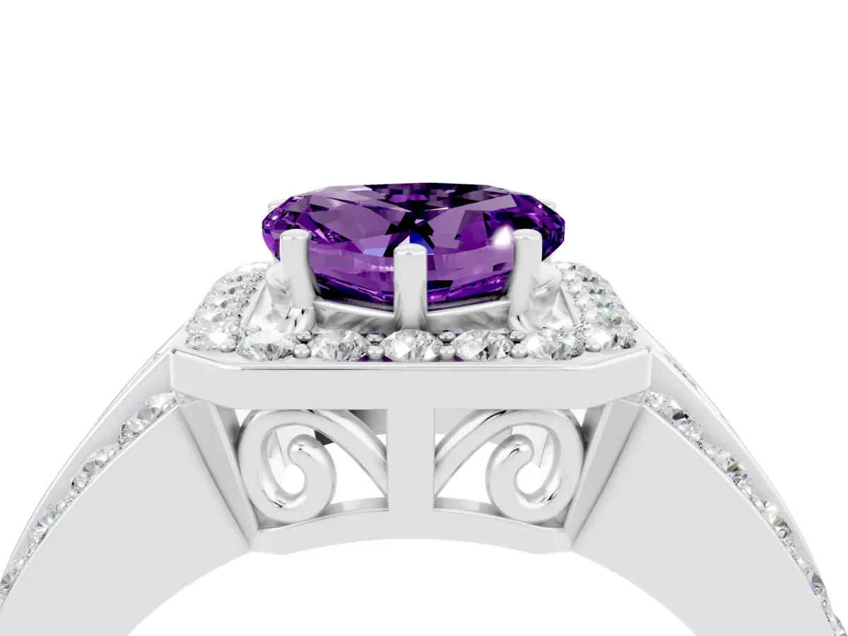 Heart Cut Halo Amethyst Ring with Round Split Shank and Prong Setting Platinum