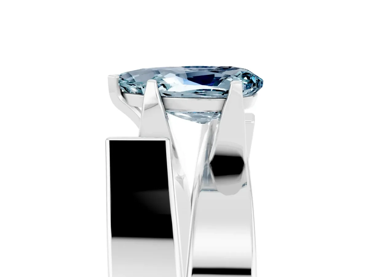 Modern Tension Set Pear Cut Aquamarine Solitaire Wide Band Ring Silver