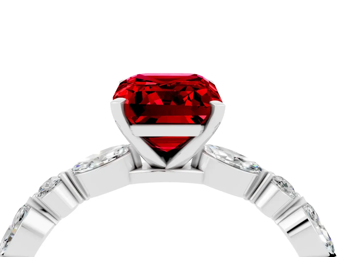 Emerald Cut Ruby Ring with Marquise and Round Side Stones and Four-Prong Setting Platinum