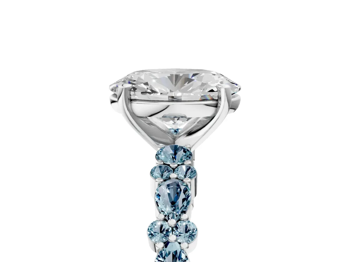 Oval Cut Diamond Side Stone Solitaire Ring with Round Aquamarine and Four-Prong Setting Silver