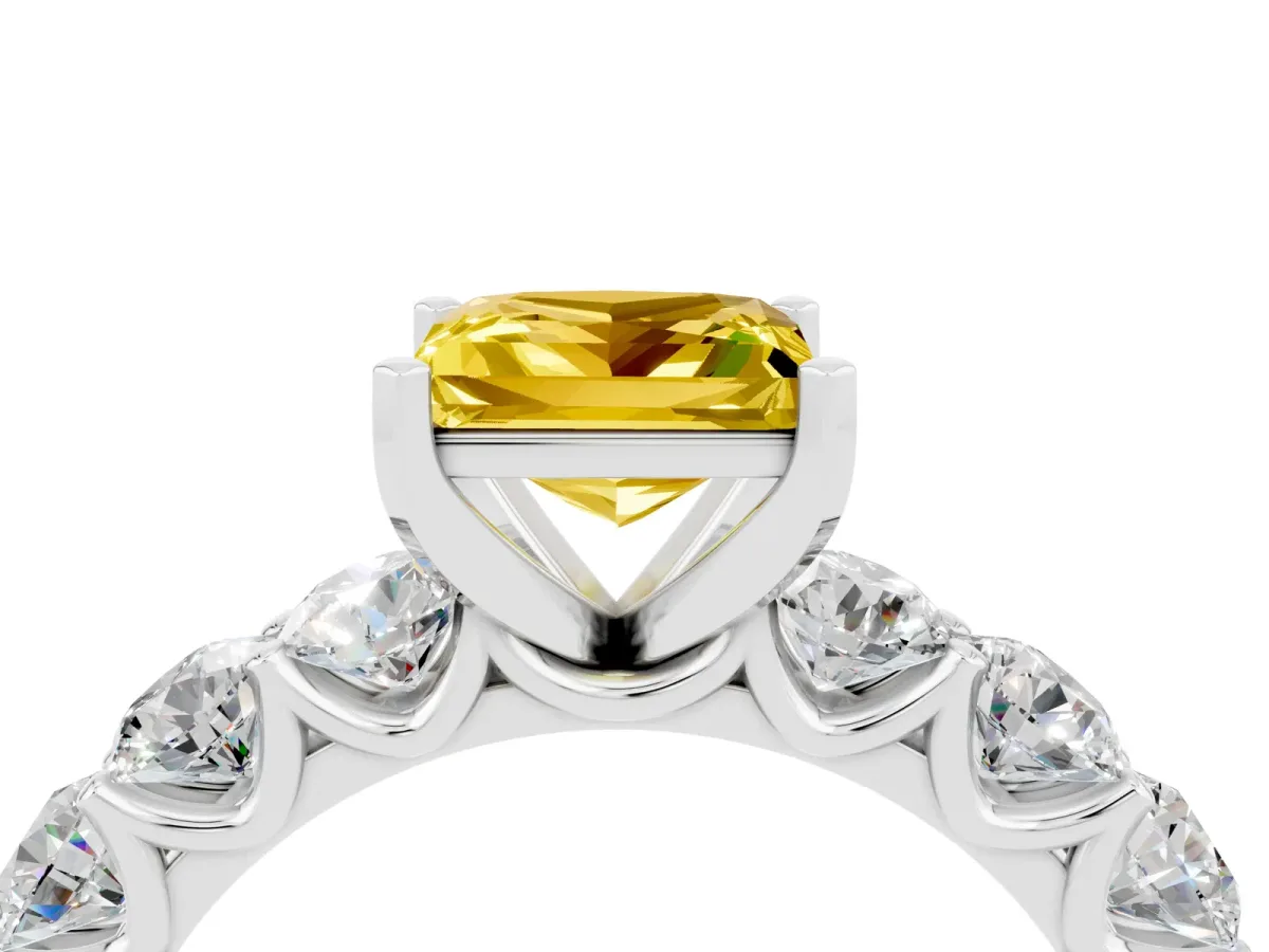Princess Cut Yellow Sapphire Prong Setting with Side Stones on a Pave Band Silver