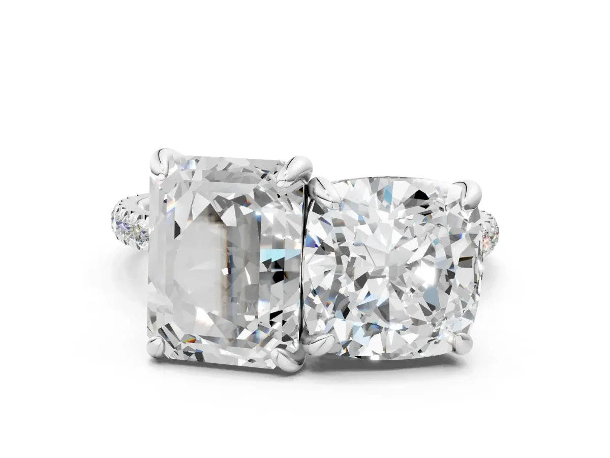 Cushion and Emerald Toi Moi Ring with Prong Setting and Micro Pave Band Silver
