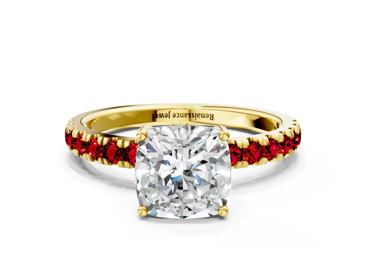 Cushion Cut Diamond Pave Band Solitaire Ring with Round Ruby and Prong Setting Yellow gold