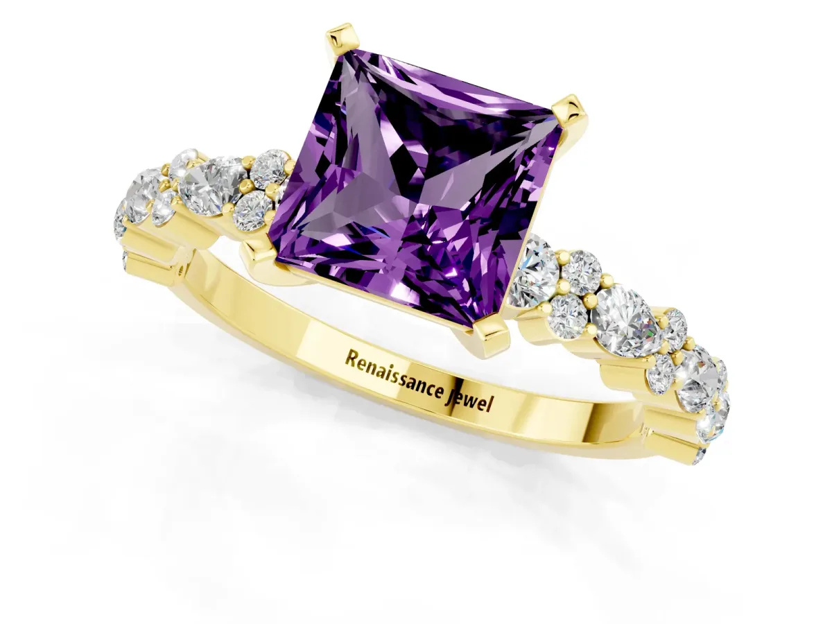 Princess Cut Amethyst Side Stone Solitaire Ring with Round and Four-Prong Setting Yellow gold