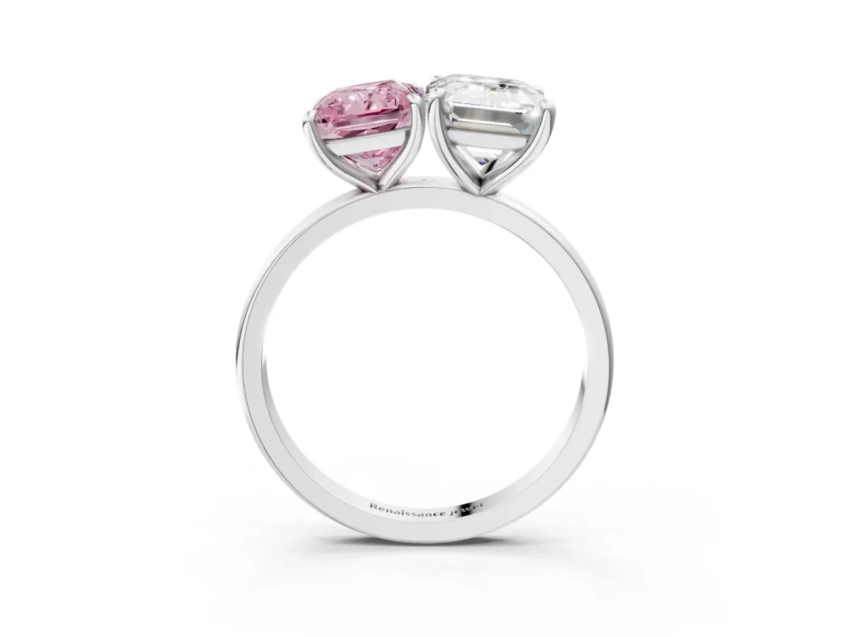 Fancy Pink Radiant Cut and Emerald Cut Toi Moi Ring with Prong Setting White gold
