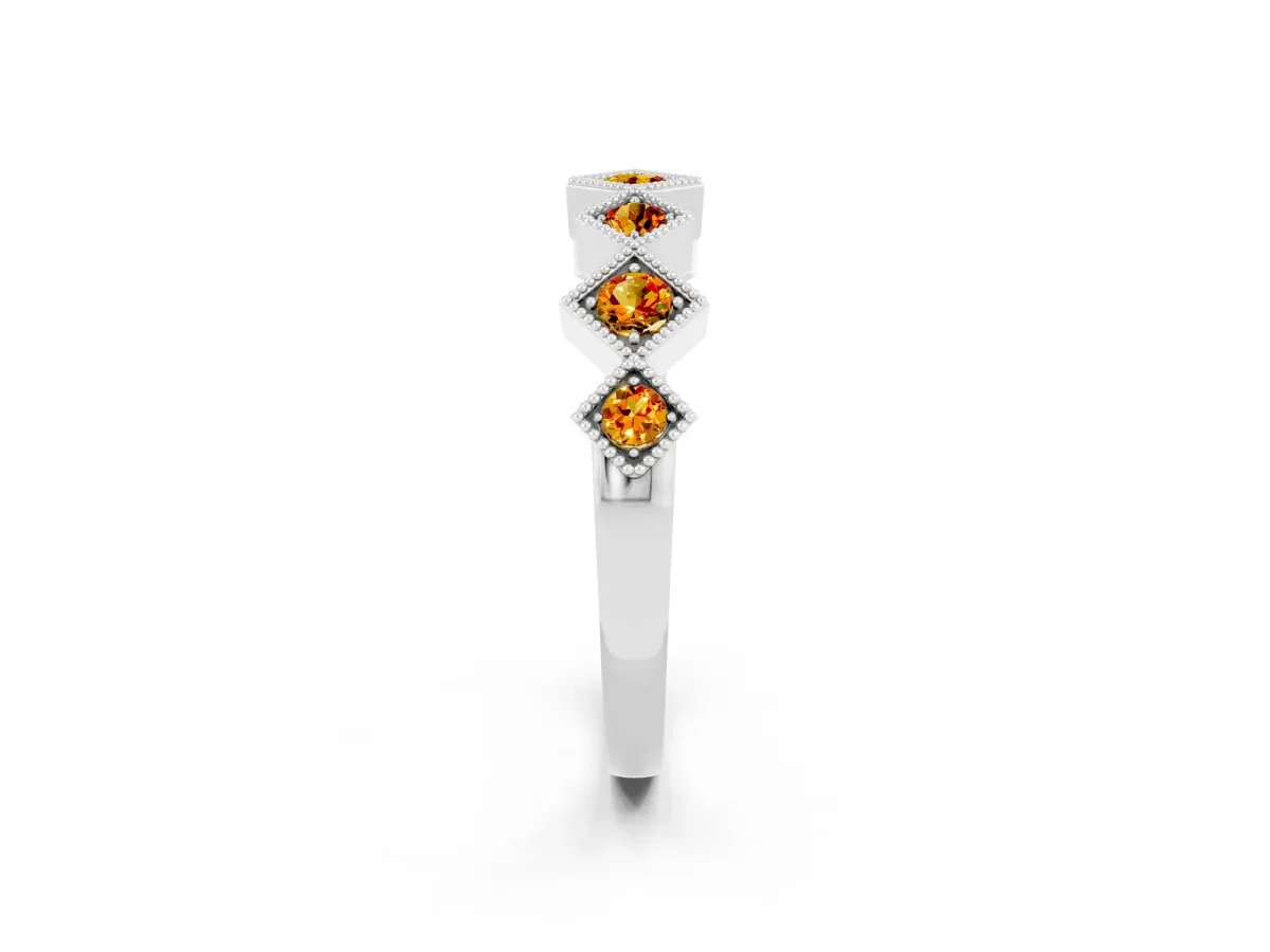 Milgrain Square Bezel Round Citrine Chevron Band Platinum