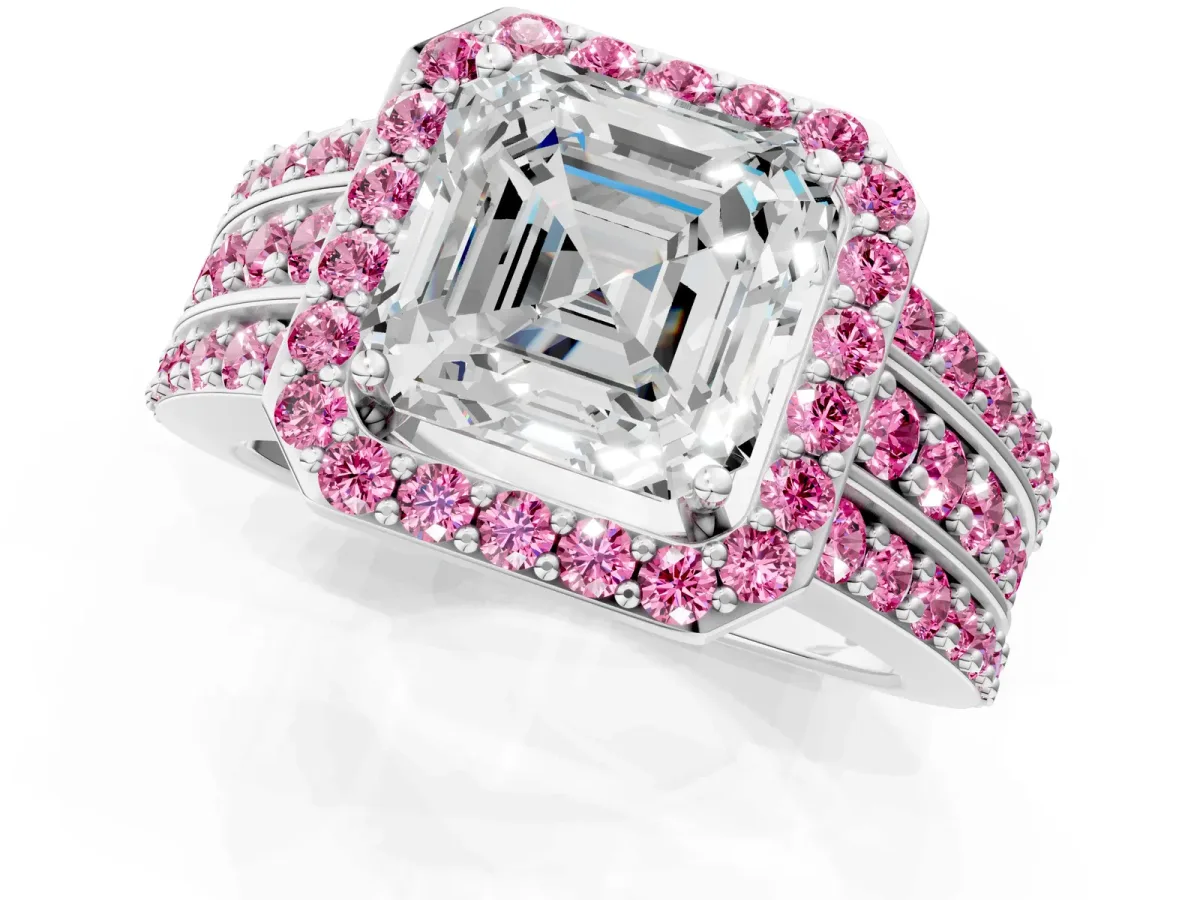 Asscher Cut Halo Diamond Ring with Round Pink Sapphire Split Shank and Prong Setting Silver