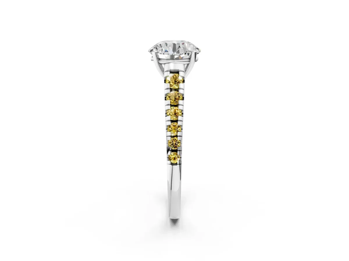 Round Cut Diamond Cathedral Solitaire Ring with Round Yellow Sapphire Pavé Band Silver