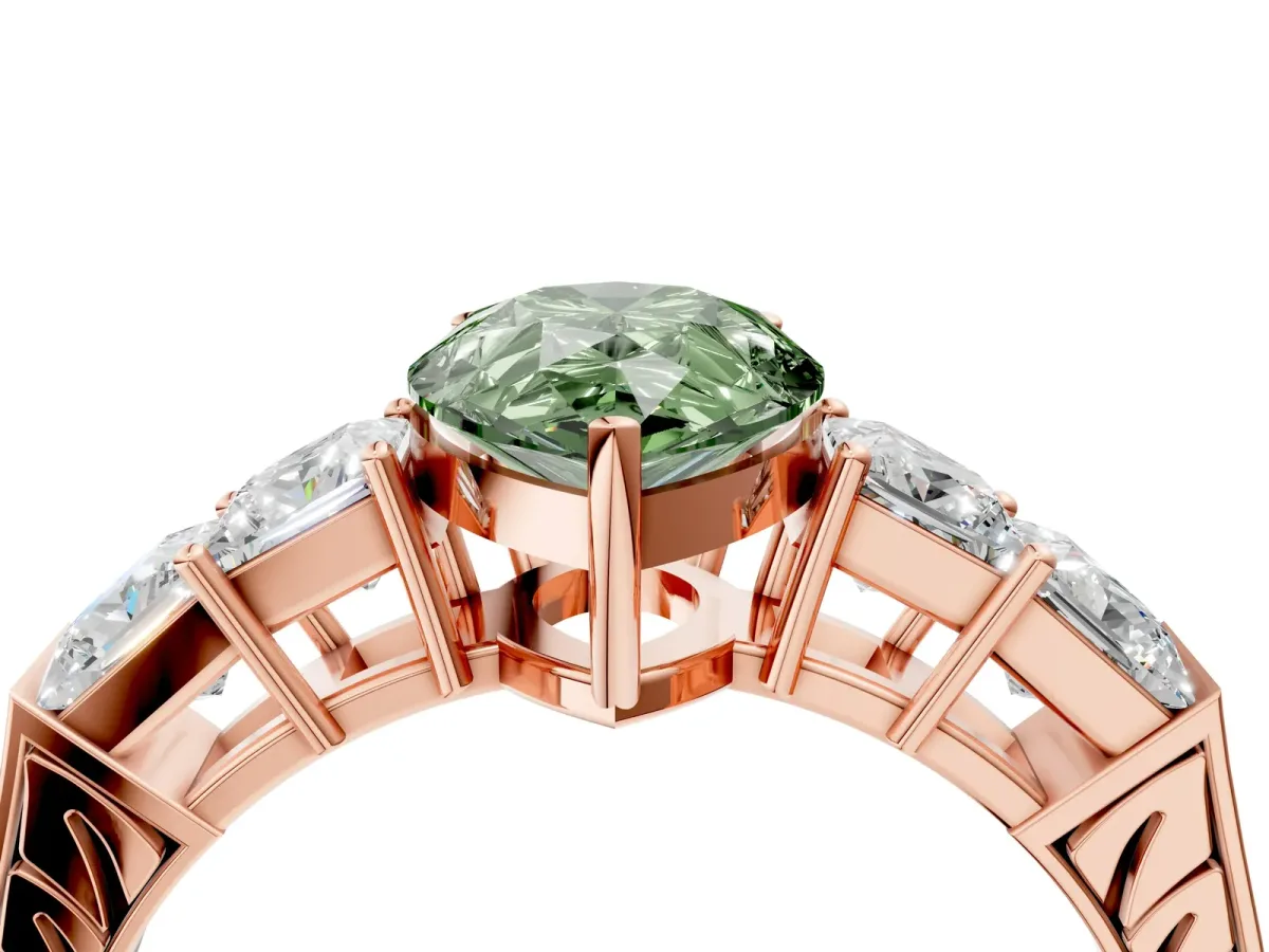 Fancy Green Pear Cut Solitaire Princess Side Stone Engraved Band Prong Setting Ring Rose gold