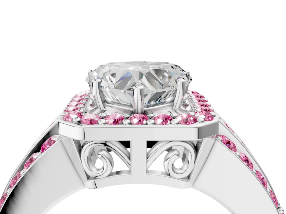 Heart Cut Halo Diamond Ring with Round Pink Sapphire Split Shank and Prong Setting Silver