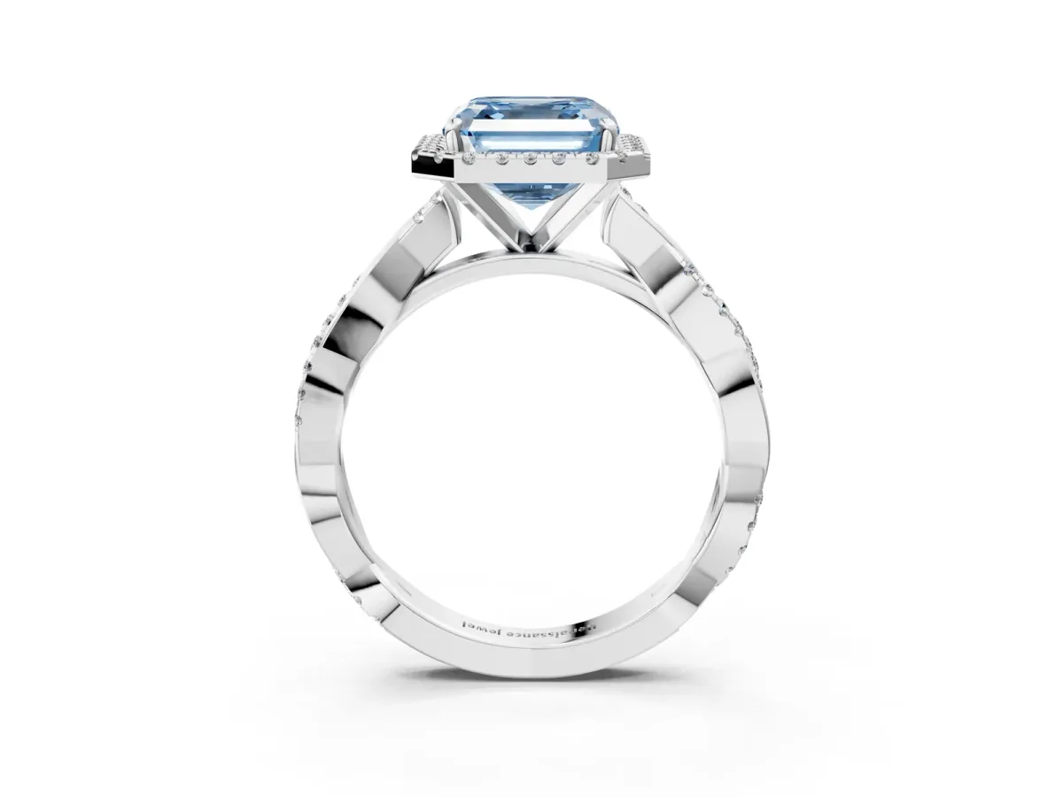 Fancy Blue Asscher Cut Cut Halo Twisted Band Four-Prong Ring Platinum
