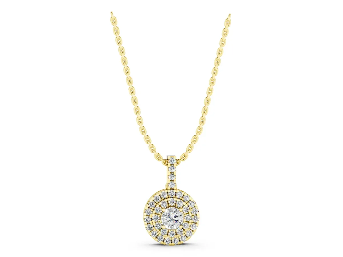 Round Double Halo Prong Set Diamond Pendant Yellow gold