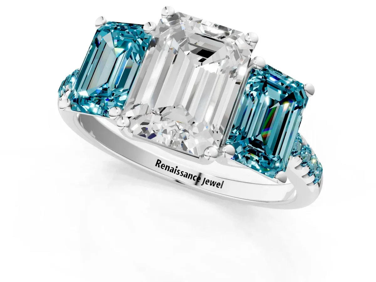 Three-Stone Emerald Cut Diamond Ring with Round Blue Topaz Pavé Band and Prong Setting Silver