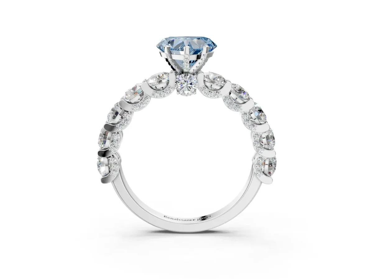 Fancy Blue Heart Cut Diamond Side Stone Engagement Ring with Four-Prong Setting White gold