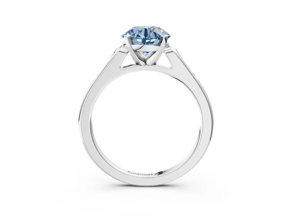 Fancy Blue Round Cut Diamond Solitaire Ring with Channel Set Round Band and Prong Setting Platinum