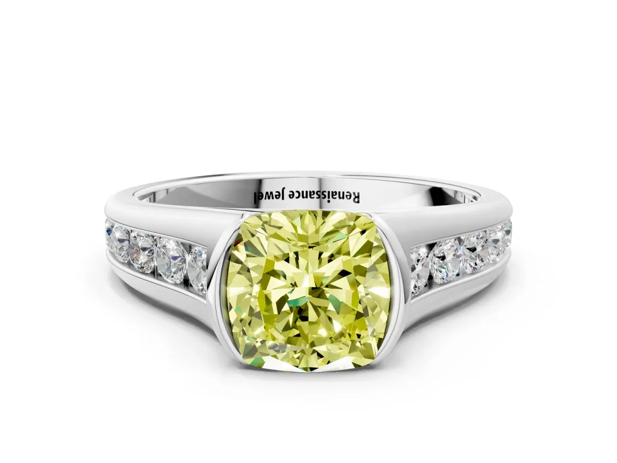Fancy Yellow Cushion Cut Solitaire Bezel-Set Diamond Ring with Channel-Set Band Platinum